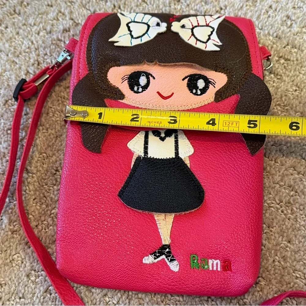 Pink Little Girl Shoulder Bag Small Purse Crossbody Brown Hair Fish Bow Dress